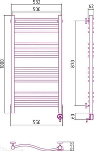 Полотенцесушитель "" 1000*500 мм, электрический, пульт управления справа, в комплекте 4 телескоп.кроншт. хром ZZ Сунержа Флюид 00-0525-1050
