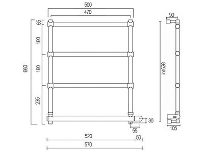 Полотенцесушитель 570(500)хh660x105мм, (эл.+Box, подключение справа / слева), (цв.хром), Margaroli ZZ Margaroli Sole 542-570x656-470/4M+Box Chrome