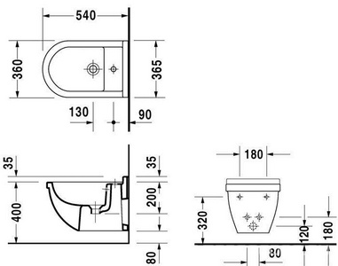 Биде подвесное 360х540мм, с 1отв. д/смесит.,  ZZ Duravit Starck 3 223015 00 00