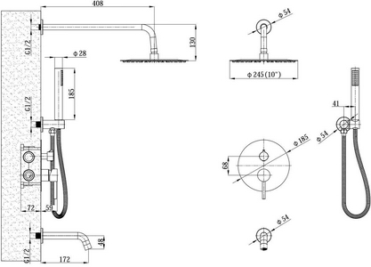 Душевой комплект встраиваемый с внутренней частью, в комплекте : смеситель, излив, верхний/ручной душ, цв. матовое золото ESKO ESKO Set_7in1 Gold