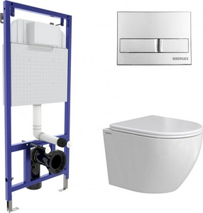 Комплект : инсталляция для подвес. унитаза + кнопка хром L3 + подвес. безободковый унитаз с сиденьем микрл. ZZ Berges OKUS 043386
