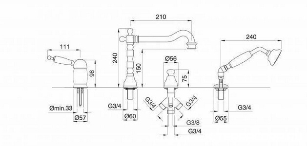 Смеситель для ванны, встраиваемый в борт, на 4 отв., лейка, шланг, встр.часть в компл., (цв.золото, ручка пластик цв.белый),  ZZ Migliore Oxford 19165