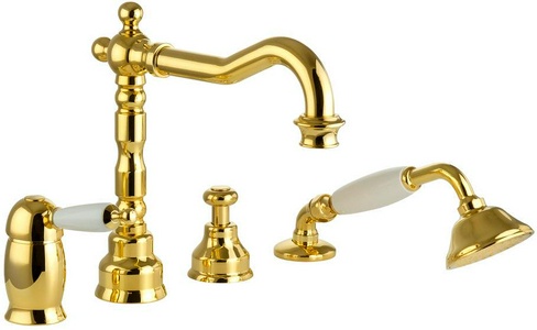 Смеситель для ванны, встраиваемый в борт, на 4 отв., лейка, шланг, встр.часть в компл., (цв.золото, ручка пластик цв.белый),  ZZ Migliore Oxford 19165