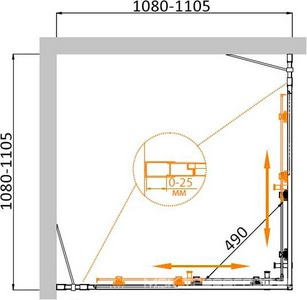 Душевой уголок 1100(1080-1105)х1100(1080-1105)хh1900мм, квадрат, (стекло прозр.Idrorepellente 6мм, фурн.цв.хром),  ZZ Cezares Molveno MOLVENO-A-22-90+20-C-Cr-IV