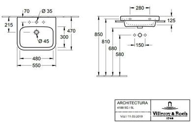 Раковина встраиваемая в столешницу, прямоугольная 550х470h40(170)мм, 1 отв. д/смес., с переливом, (цв. 01 белый),  ZZ Villeroy & Boch Architectura 41885G01
