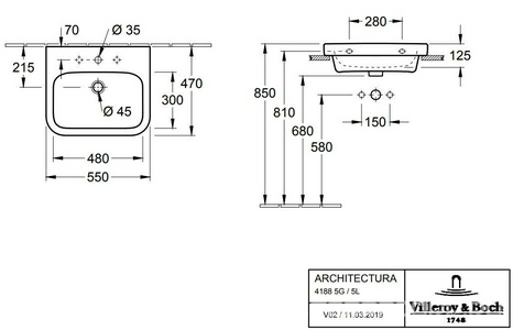 Раковина встраиваемая в столешницу, прямоугольная 550х470h40(170)мм, 1 отв. д/смес., с переливом, (цв. 01 белый),  ZZ Villeroy & Boch Architectura 41885G01