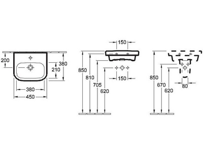 Рукомойник 450х380мм, 1 отв. д/смес., с переливом, установка на стену, (цв. 01 белый),  ZZ Villeroy & Boch Architectura 43734501