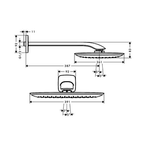 Душ верхний, стационарный, стеновой, 391х261мм, кронштейн 387мм, d 1/2, декор.чашка в компл., (цв.хром),  KL Hansgrohe PuraVida 27437000