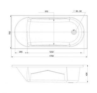 Ванна акриловая "", 1700х750 мм, прямоугольная, БЕЗ каркаса, слива-перелива и панели, белая Mirsant Каспий ЧК17075