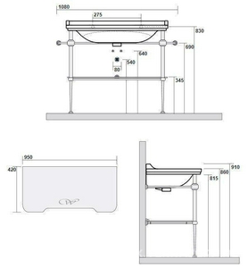 Структура металлическая, для установки под раковину 100см. арт.4142 хх, стекл. полка, крепёж в компл., (цв.золото),  ZZ Kerasan Waldorf 9196K2