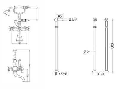 Смеситель для ванны, напольный, трубы 2шт., крепёж к сифону, лейка, шланг, кронштейн в компл., (цв. бронза),  ZZ Gaia Princeton RB 800C BR