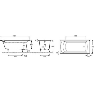 Ванна 170х75см, без отв. для ручек, чугунная,  ZZ Jacob Delafon Biove E2930-00