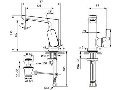 Смеситель для раковины, с высоким изливом, ручка сбоку справа, с д/к, (цв. хром),  ZZ Ideal Standard Tonic II A6332AA