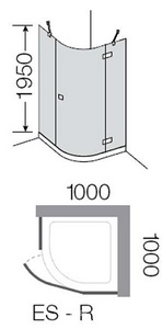 Душ каб.распашная дверь с неподв.сегм., 1/4 круга, R=550, DX петли справа (100х100хh195см, стекло 6мм, GL прозр., фурн. 05 полир.алюмин) E-LITE ZZ Provex E-Lite 6005ES-R-05GL