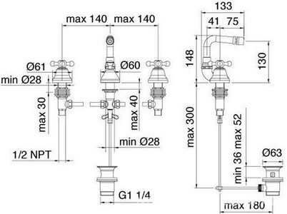 Cмеситель для биде на 3 отв., с д/к, (цв.хром),  ZZ 3M Romantica 3627 CC VE