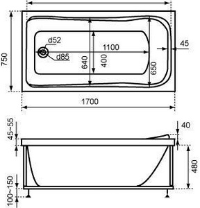 Ванна акриловая  170х75 см (БЕЗ каркаса n039781 и сифона 19649) Bas Мальта В 00023