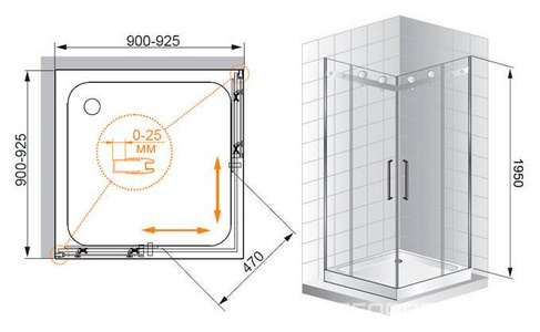 Душевой уголок 900х900хh1950мм, квадратный, 2 сдвижные дверцы с 2-мя неподв. сегм., вход 480мм, (стекло прозр. 8мм, фурнит. цв.хром),  ZZ Cezares Stylus STYLUS-A-2-90-C-Cr