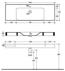 Раковина 140х45хh10см, подвесная / накладная, с 1 отв.д/смес., с переливом, без крепл.,  ZZ Kerasan Cento 353501