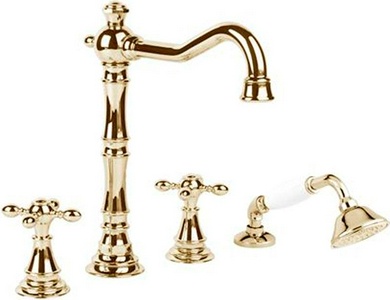 Смеситель для ванны, встраиваемый, на 4 отв., лейка, шланг в компл., (цв. латунь),  ZZ Gaia Chopin RN 680 LU