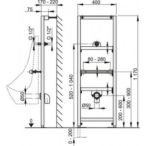 Инсталляция для писсуара с открытой системой крепежа, БЕЗ сифона и крана смыва (клавиша смыва не предусм.) ZZ AlcaPlast Универсал A107/1120