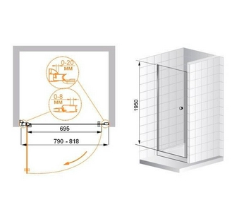 Дверь в нишу 800хh1950мм, распашная, петли справа, (стекло текстурное Punto 6мм, фурнит. цв.золото),  ZZ Cezares Pordenone PORDENONE-B-1-80-P-G-R