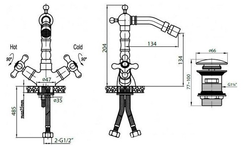 Смеситель для биде, с поворотным изливом, с нажимной пробкой д/к, (цв. бронза),  ZZ Cezares Retro RETRO-BS2-02