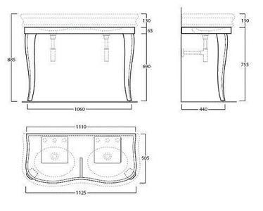 Структура напольная (2 ножки с основой) 1060х505хh755мм, под раковину 1200мм, (дерев.  глянец),  ZZ Simas Lante LAM120 nero