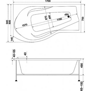 Ванна акриловая  170х80 см, правая (БЕЗ каркаса n039643 и сифона 19649) Bas Капри В 00016
