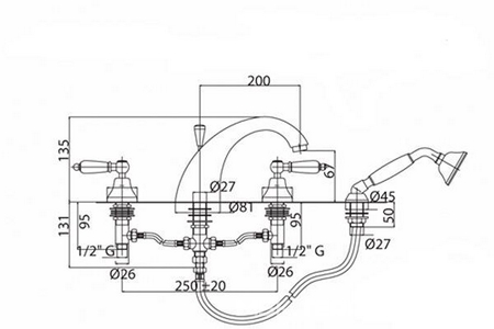 Смеситель для ванны, врезной на борт, на 4 отв., шланг, лейка в компл., (цв. бронза, ручки белые),  ZZ Cezares First FIRST-BVD-02-Bi