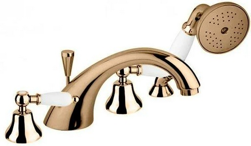 Смеситель для ванны, врезной на борт, на 4 отв., шланг, лейка в компл., (цв. бронза, ручки белые),  ZZ Cezares First FIRST-BVD-02-Bi