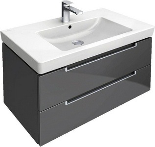 Тумба 787хh420х449мм, д/раковины 800мм,(2 выдв.отдел., 3 контейн.д/акс., 4 алюм.штанги, 2стекл.перег., креп.в комп.,(цв. FP серый глянц) ZZ Villeroy & Boch Subway 2.0 A68900FP