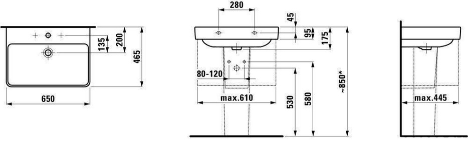 Раковина 650х465xh95(175)мм, c 1 отв.д/смесителя, Laufen  ZZ Laufen Pro S 8.1096.4.000.104.1