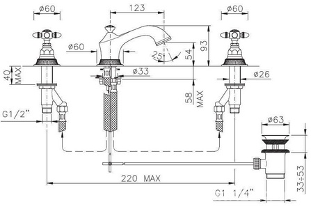 Смеситель для раковины, на 3 отв., с д/к, (цв.гальван.золото, ручки 36),   ZZ Nicolazzi Impero 1208 GB 36