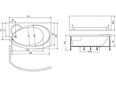 Ванна  (L ЛЕВАЯ),170х105хh66/49см, гидромас., мас/спины, хромотерапия, слив/перелив и панель в компл., (ВСЯ ФУРНИТУРА ЦВ. БРОНЗА), ZZ Thermolux Infinity Mini 170x105 INFINITY MINI L (гидром + спин мас + хромот.) БРОНЗА