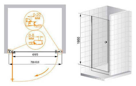 Дверь в нишу 800хh1950мм, распашная, петли справа/слева, (стекло прозрачное 6мм, фурнит. цв.золото),  ZZ Cezares Pordenone PORDENONE-B-1-80-C-G