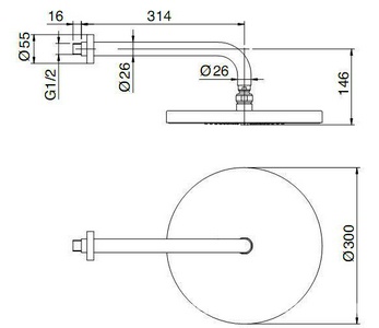 Душ верхний, стационарный, лейка круглая d 300мм, стеновой кронштейн 314мм, G1/2 (декор. накладка в компл), (цв. хром),  X-Change / Vela 3М ZZ 3M Showers 6512 CC