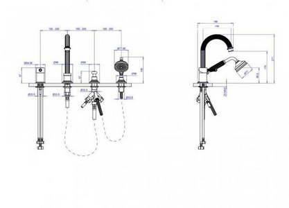 Смеситель для ванны, встраиваемый в борт, на 4 отв., лейка, шланг в компл.,  (цв.хром, одноручковый),  ZZ Cezares Olimp OLIMP-BVDM-01-L