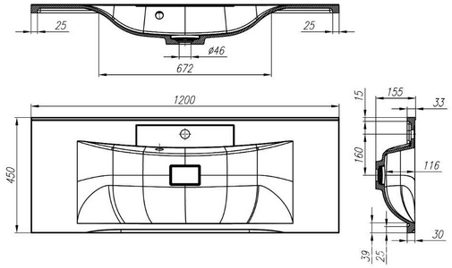 Раковина 1200х450хh30(155)мм, (искусственный мрамор, цв.белый), с переливом, крышка слива в компл., без сифона, BelBagno ZZ BelBagno Универсал BB1200/450-LV-MR-PR