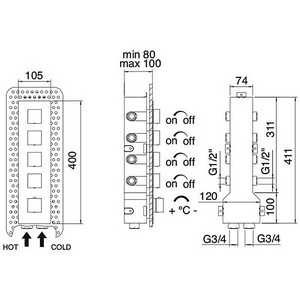 Смеситель-термостат для душа встраиваемый в стену, с переключателем, на 4 "Потребителя", квадратные ручки, (цв. хром), Showers & termostatics ZZ 3M Showers & Termostatics 7297XQ CC