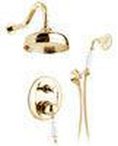 Смеситель для душа, встаив. в стену с переключ., c верхн.стацион. душем 20см, лейка, шланг, кронш. в компл., (цв.антич.золото, ручка белая), Canterbur Gaia Canterbury RB 6398/20 LU