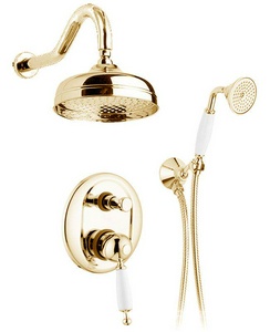 Смеситель для душа, встаив. в стену с переключ., c верхн.стацион. душем 20см, лейка, шланг, кронш. в компл., (цв.антич.золото, ручка белая), Canterbur Gaia Canterbury RB 6398/20 LU