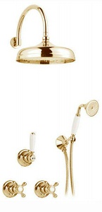 Смеситель для душа, встаив. в стену с переключ., c верхн.стацион. душем 30см, лейка, шланг, кронштейн в компл., (цв. золото),  ZZ Gaia Julia RB 8320/30 OR