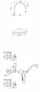 Смеситель для душа, встаив. в стену с переключ., c верхн.стацион. душем 30см, лейка, шланг, кронштейн в компл., (цв. золото),  ZZ Gaia Julia RB 8320/30 OR