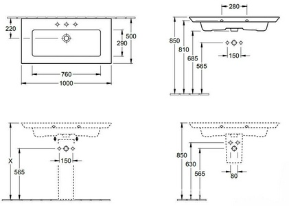 Раковина 1000х500мм, 1 отв. д/смес., с переливом, (цв.01 White),  ZZ Villeroy & Boch Legato 4153A501