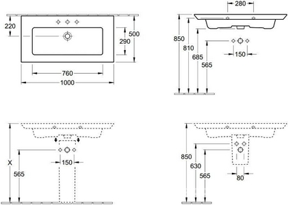 Раковина 800х500мм, 1 отв. д/смес., с переливом, (цв.01 White),  ZZ Villeroy & Boch Legato 41538001