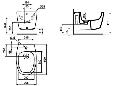 Биде подвесное 365х550мм, скрытый крепёж биде, керамическая накладка слива в компл.,  ZZ Ideal Standard Dea T509801