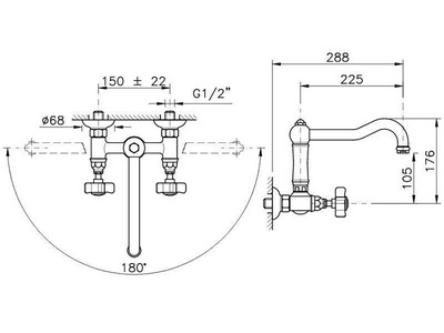 Смеситель настенный, для кухонной раковины, двухвентильный с поворотным изливом  (цв. бронза мат. (TB)ручка El Capitan), Nicolazzi ZZ Nicolazzi Cucina 1457 TB 69