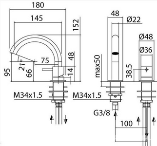 Смеситель для раковины, излив 145хh90мм, на два отверст., ручка устан.отдельно, БЕЗ д/к, (цв.нерж.сталь),  ZZ Zazzeri Z316 3300 1108 A01