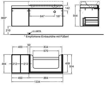 Тумба 1334хh554х504мм,полочка слева, 2 выдв. ящика,1 внутр ящик, д/уст.с рак.арт.123695;123590,(цв. тёмн дуб, стекл.фронт пан чёрн цв.),креп/компл ZZ Geberit Citterio 500.568.JJ.1