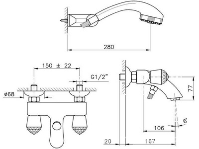 Смеситель для ванны, лейка, шланг, кронштейн в компл., (цв. Inglish gold/ручки с кристалами Swarovski),  ZZ Nicolazzi Cristallo 2002 GF 22